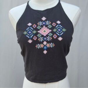 Embroidered Halter Tank Boho Festival Crop Top | Darling Blue